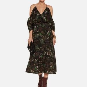 Walter Baker Floral Midi Dress SZ 6 Black Ruffle V Neck Chic